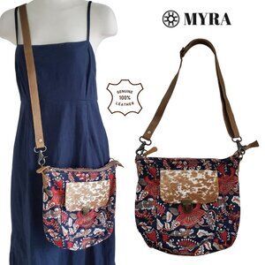 MYRA Hair On Pocket Cowhide Real Leather & Canvas Paisley Crossbody Shoulder Bag